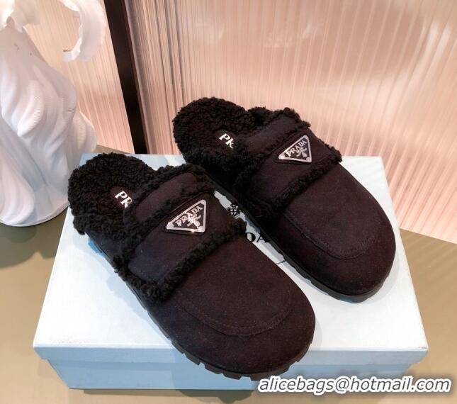 Good Product Prada Suede Shearling Slipper Cognac 081455 Black