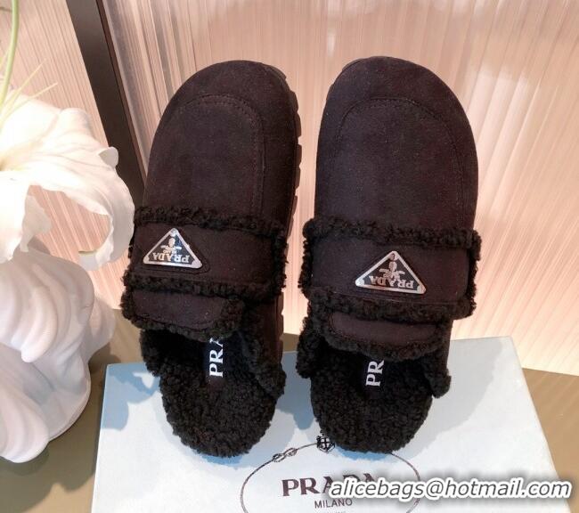 Good Product Prada Suede Shearling Slipper Cognac 081455 Black