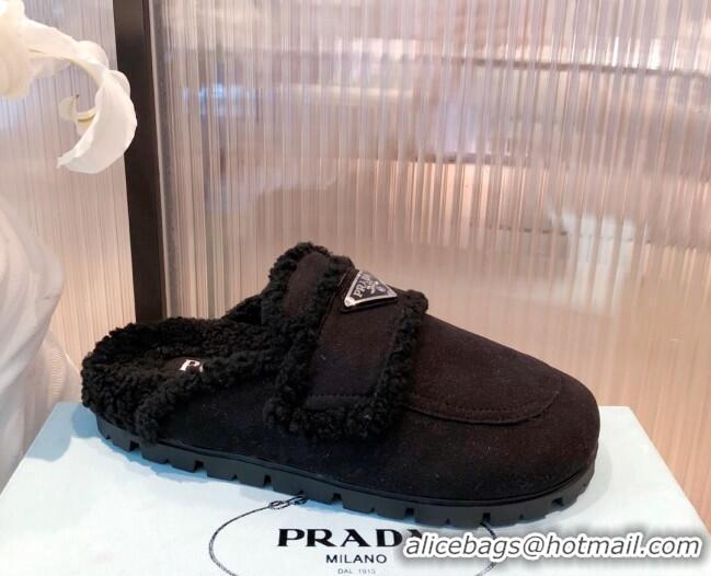 Good Product Prada Suede Shearling Slipper Cognac 081455 Black