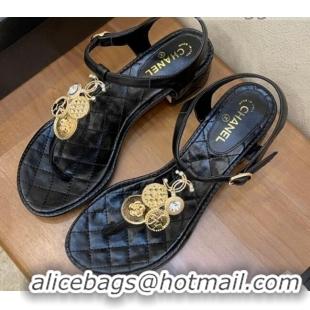 Well Crafted Chanel Lambskin Flat Thong Sandals with Coin Charm 060905 Black