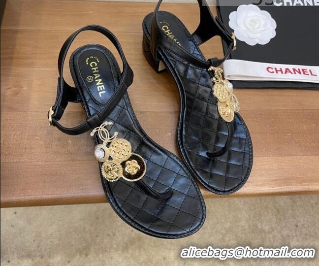 Well Crafted Chanel Lambskin Flat Thong Sandals with Coin Charm 060905 Black