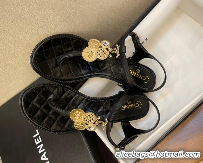 Well Crafted Chanel Lambskin Flat Thong Sandals with Coin Charm 060905 Black