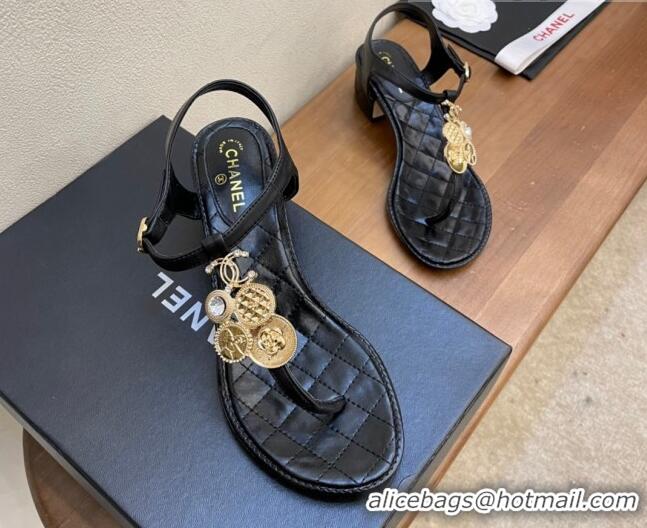 Well Crafted Chanel Lambskin Flat Thong Sandals with Coin Charm 060905 Black