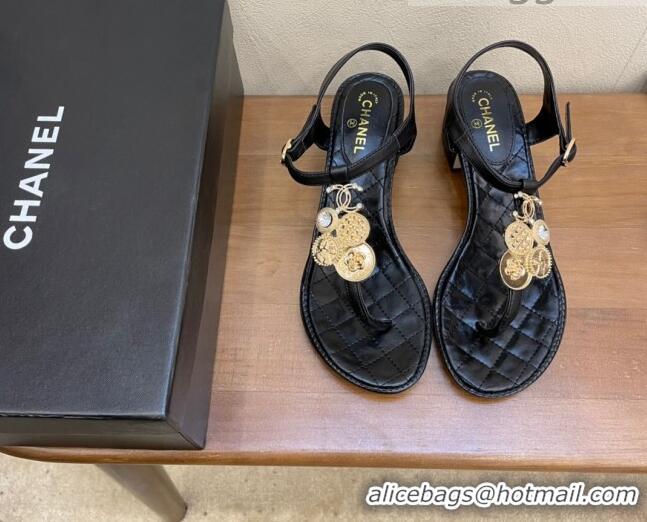 Well Crafted Chanel Lambskin Flat Thong Sandals with Coin Charm 060905 Black