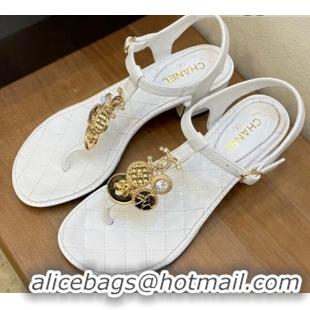 Low Cost Chanel Lambskin Flat Thong Sandals with Coin Charm 060905 White