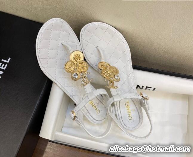 Low Cost Chanel Lambskin Flat Thong Sandals with Coin Charm 060905 White