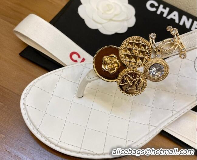 Low Cost Chanel Lambskin Flat Thong Sandals with Coin Charm 060905 White