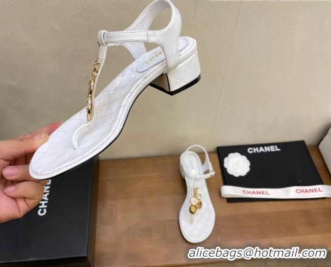 Low Cost Chanel Lambskin Flat Thong Sandals with Coin Charm 060905 White