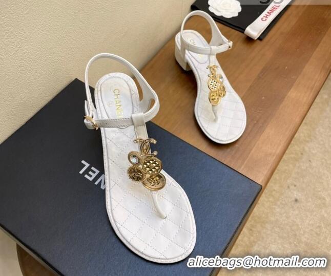 Low Cost Chanel Lambskin Flat Thong Sandals with Coin Charm 060905 White