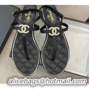 Top Quality Chanel Lambskin Flat Thong Sandals with Pearl CC Charm G37384 Black 2021