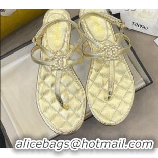 Top Quality Chanel Lambskin Flat Thong Sandals with Pearl CC Charm G37384 Gold 2021