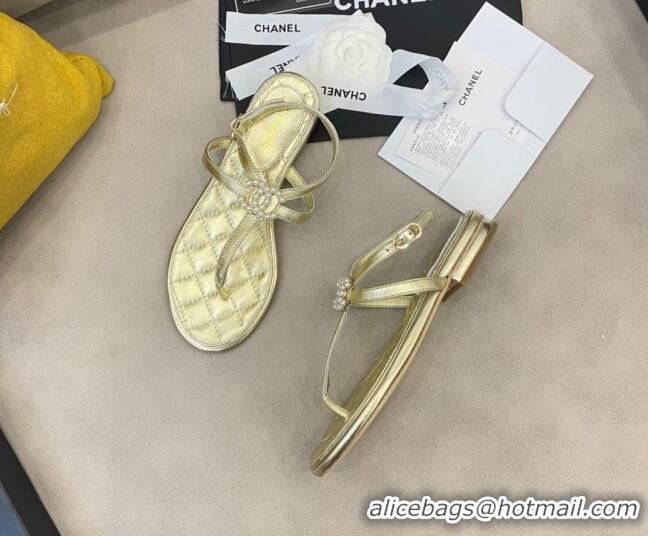 Top Quality Chanel Lambskin Flat Thong Sandals with Pearl CC Charm G37384 Gold 2021