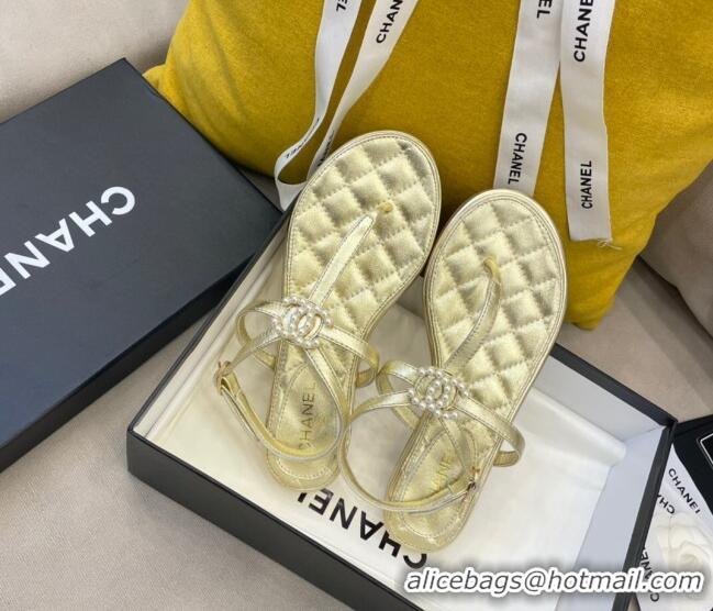 Top Quality Chanel Lambskin Flat Thong Sandals with Pearl CC Charm G37384 Gold 2021