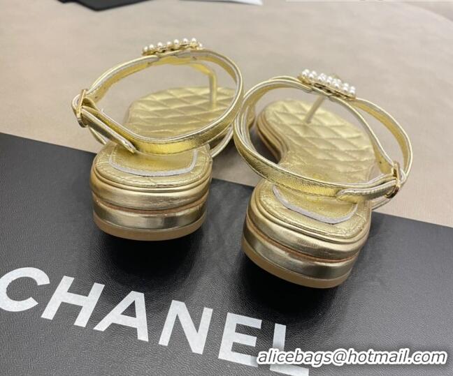 Top Quality Chanel Lambskin Flat Thong Sandals with Pearl CC Charm G37384 Gold 2021