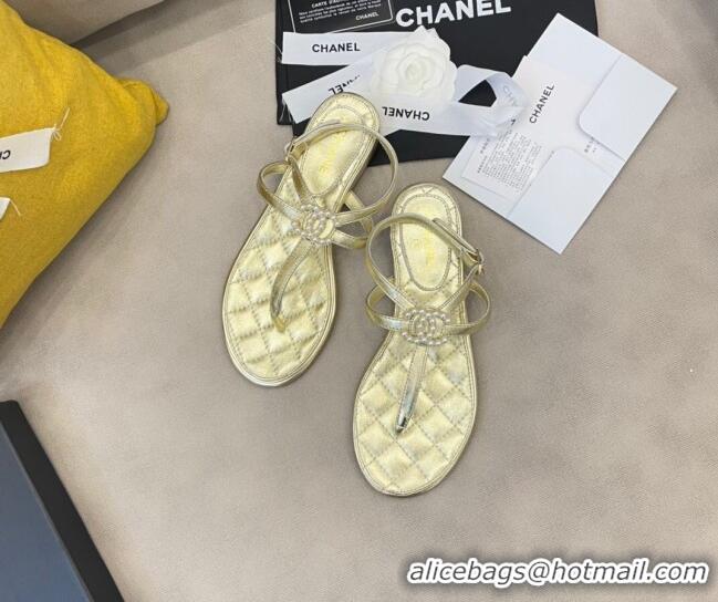 Top Quality Chanel Lambskin Flat Thong Sandals with Pearl CC Charm G37384 Gold 2021