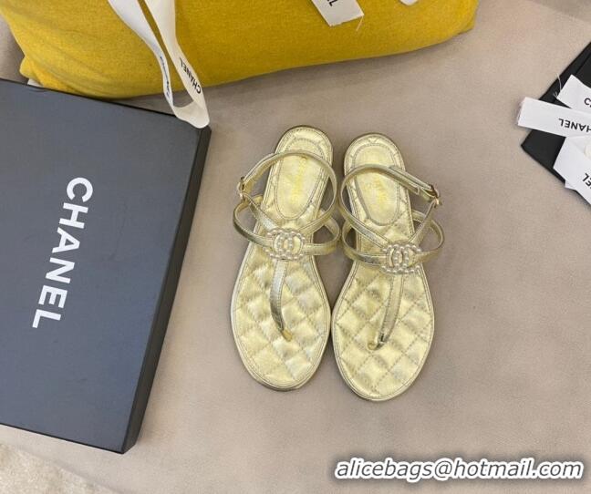 Top Quality Chanel Lambskin Flat Thong Sandals with Pearl CC Charm G37384 Gold 2021