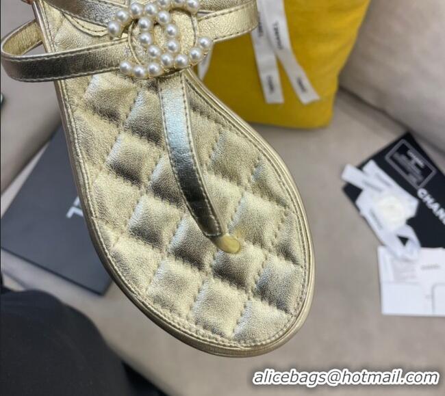 Top Quality Chanel Lambskin Flat Thong Sandals with Pearl CC Charm G37384 Gold 2021