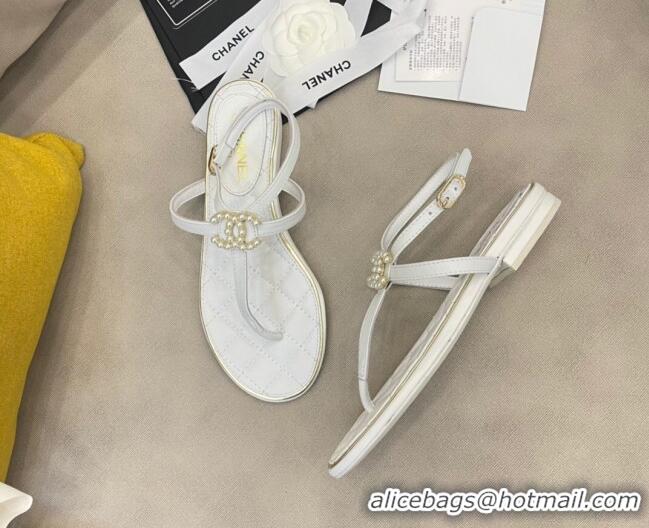 New Design Chanel Lambskin Flat Thong Sandals with Pearl CC Charm G37384 White 2021