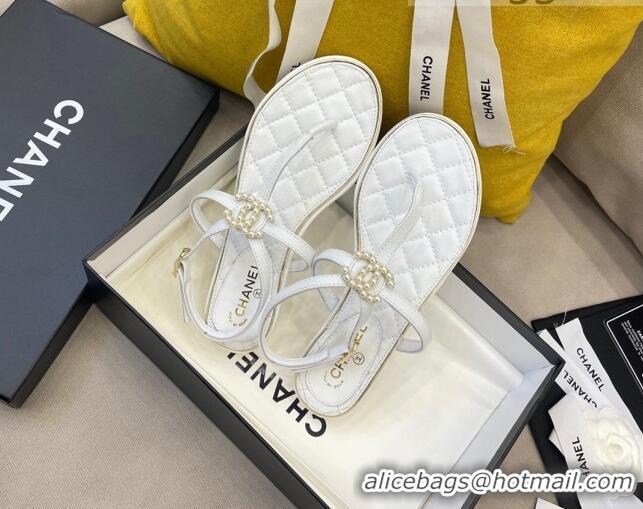 New Design Chanel Lambskin Flat Thong Sandals with Pearl CC Charm G37384 White 2021