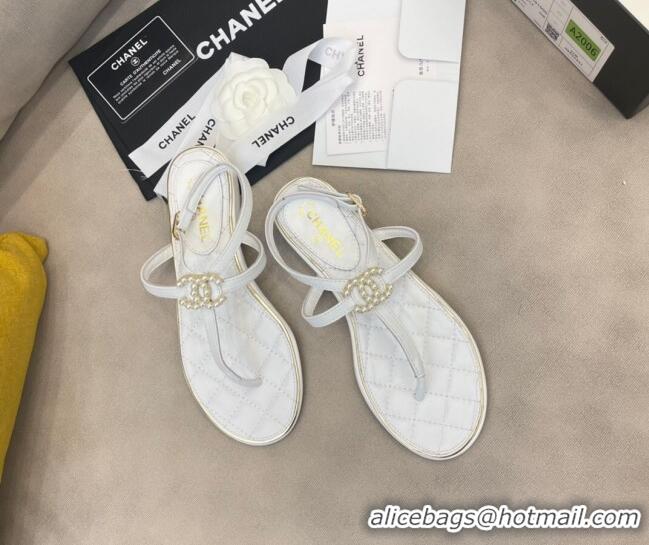 New Design Chanel Lambskin Flat Thong Sandals with Pearl CC Charm G37384 White 2021