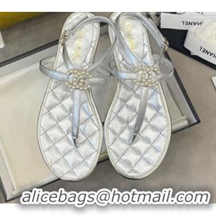 Super Quality Chanel Lambskin Flat Thong Sandals with Pearl CC Charm G37384 Silver 2021