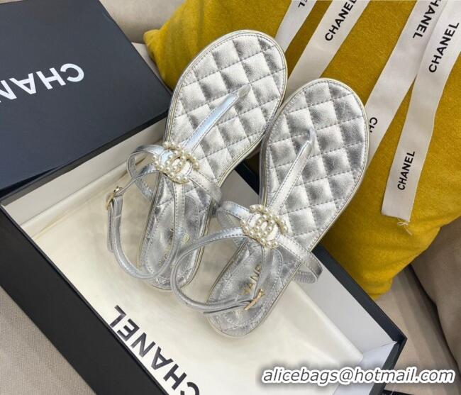 Super Quality Chanel Lambskin Flat Thong Sandals with Pearl CC Charm G37384 Silver 2021