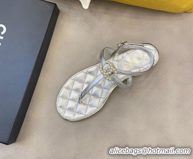 Super Quality Chanel Lambskin Flat Thong Sandals with Pearl CC Charm G37384 Silver 2021