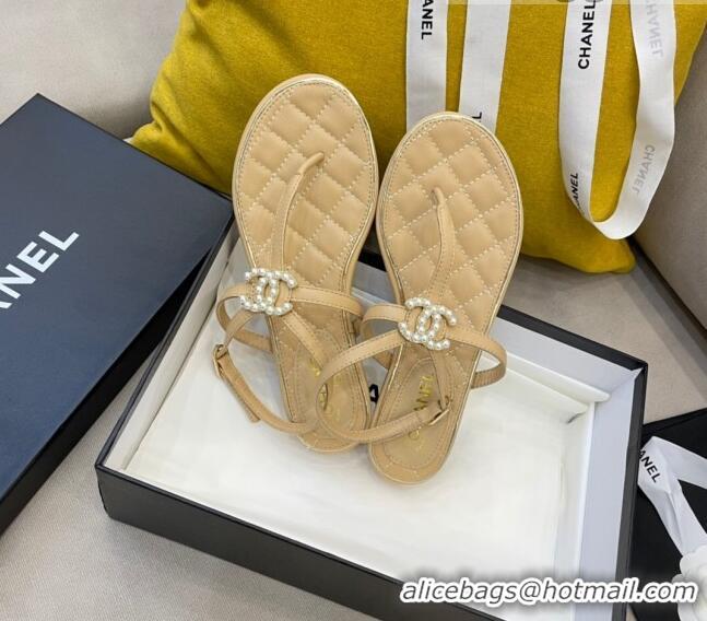 New Style Chanel Lambskin Flat Thong Sandals with Pearl CC Charm G37384 Beige 2021