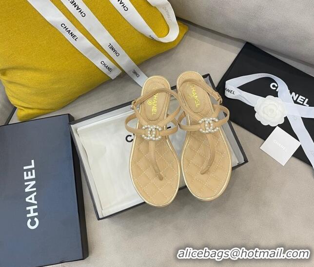 New Style Chanel Lambskin Flat Thong Sandals with Pearl CC Charm G37384 Beige 2021