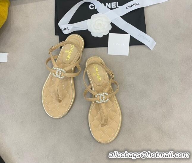 New Style Chanel Lambskin Flat Thong Sandals with Pearl CC Charm G37384 Beige 2021