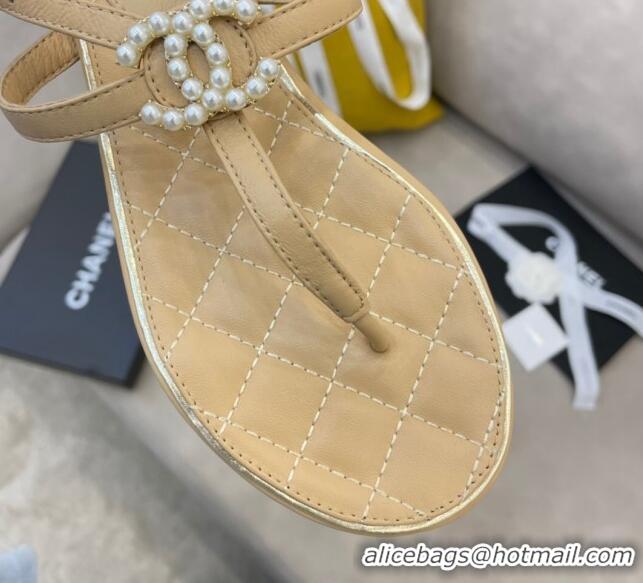 New Style Chanel Lambskin Flat Thong Sandals with Pearl CC Charm G37384 Beige 2021