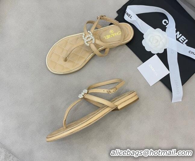 New Style Chanel Lambskin Flat Thong Sandals with Pearl CC Charm G37384 Beige 2021