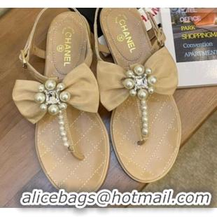 Trendy Design Chanel Lambskin Flat Thong Sandals with Pearl Bow 060912 Beige 2021