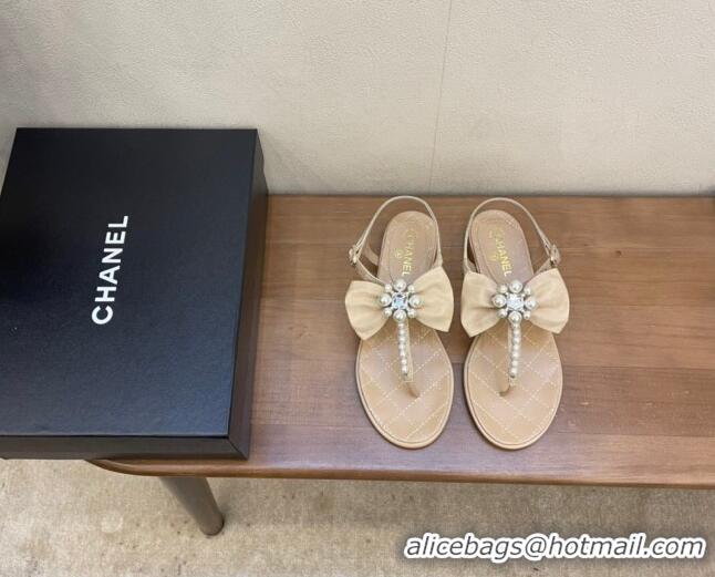 Trendy Design Chanel Lambskin Flat Thong Sandals with Pearl Bow 060912 Beige 2021