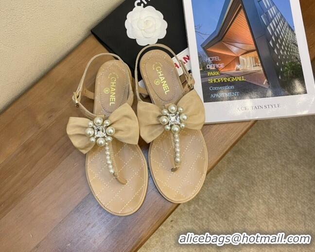 Trendy Design Chanel Lambskin Flat Thong Sandals with Pearl Bow 060912 Beige 2021