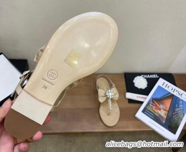 Trendy Design Chanel Lambskin Flat Thong Sandals with Pearl Bow 060912 Beige 2021