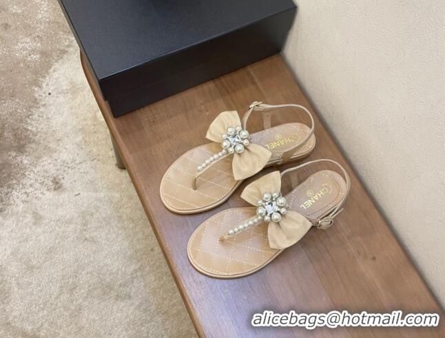 Trendy Design Chanel Lambskin Flat Thong Sandals with Pearl Bow 060912 Beige 2021