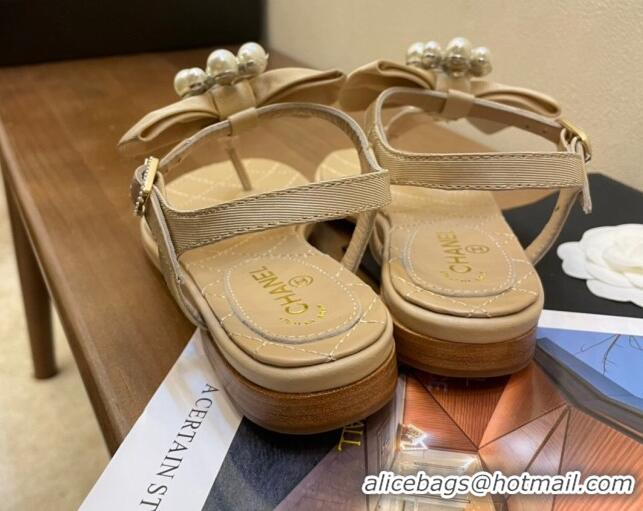 Trendy Design Chanel Lambskin Flat Thong Sandals with Pearl Bow 060912 Beige 2021