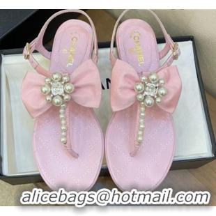 Cute Chanel Lambskin Flat Thong Sandals with Pearl Bow 060912 Pink 2021