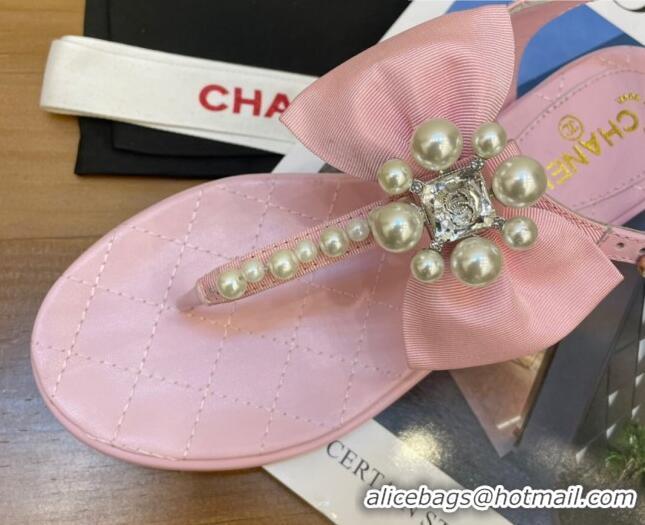 Cute Chanel Lambskin Flat Thong Sandals with Pearl Bow 060912 Pink 2021