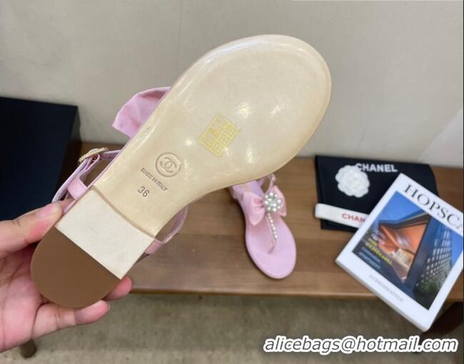 Cute Chanel Lambskin Flat Thong Sandals with Pearl Bow 060912 Pink 2021