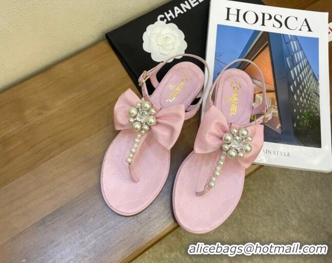 Cute Chanel Lambskin Flat Thong Sandals with Pearl Bow 060912 Pink 2021