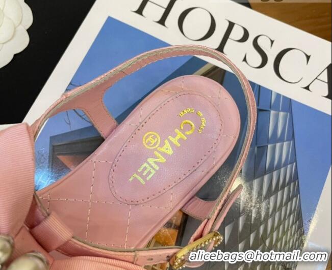 Cute Chanel Lambskin Flat Thong Sandals with Pearl Bow 060912 Pink 2021