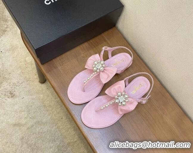 Cute Chanel Lambskin Flat Thong Sandals with Pearl Bow 060912 Pink 2021