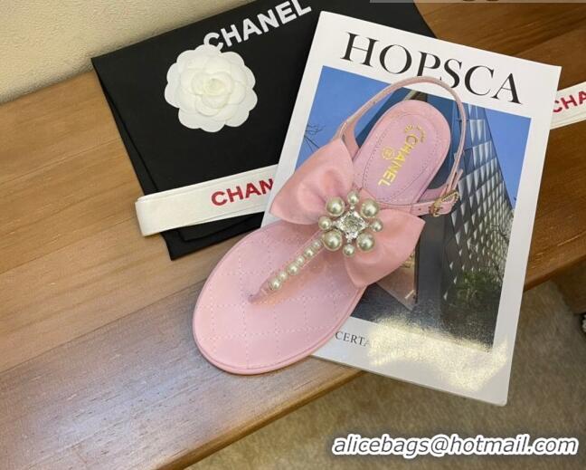 Cute Chanel Lambskin Flat Thong Sandals with Pearl Bow 060912 Pink 2021