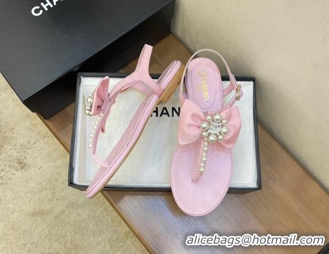 Cute Chanel Lambskin Flat Thong Sandals with Pearl Bow 060912 Pink 2021