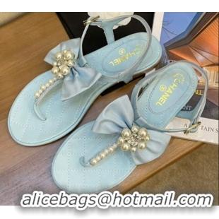 Perfect Chanel Lambskin Flat Thong Sandals with Pearl Bow 060912 Blue 2021