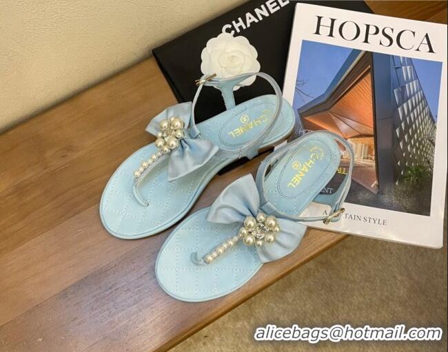 Perfect Chanel Lambskin Flat Thong Sandals with Pearl Bow 060912 Blue 2021