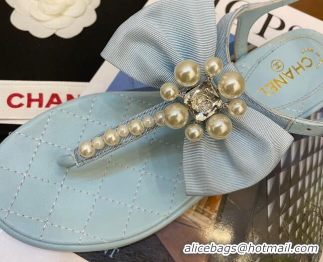 Perfect Chanel Lambskin Flat Thong Sandals with Pearl Bow 060912 Blue 2021