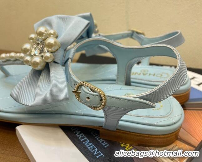 Perfect Chanel Lambskin Flat Thong Sandals with Pearl Bow 060912 Blue 2021